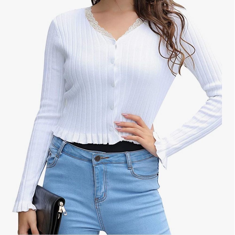 White Ribbed Lace-Trim Button Cardigan Sweater